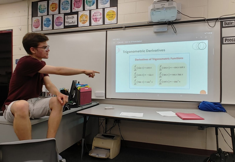 A student sits on a desk and points to a board displaying trigonometric derivatives. 